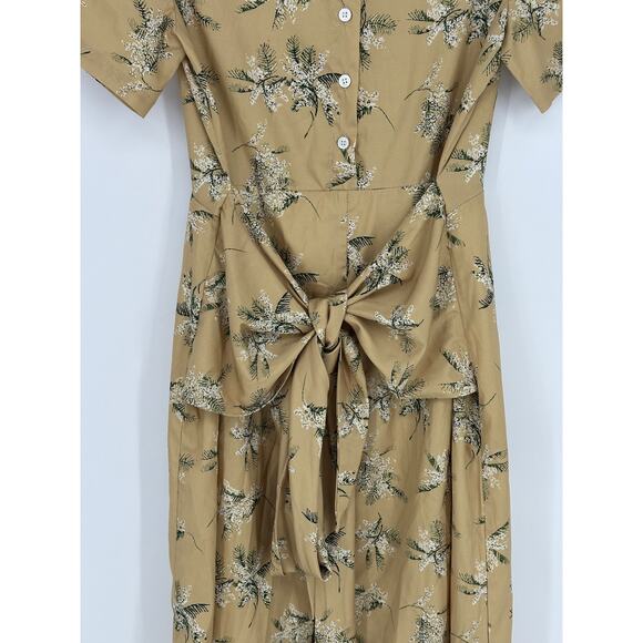 CAARA Lucca Midi Dress Yellow Green Floral Waist Tie Side Slits Vacay Office XS - Picture 5 of 11